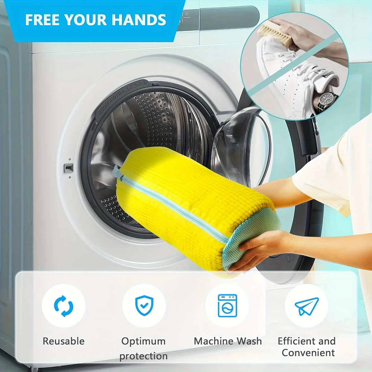 Person using a yellow cleaning brush inside a washing machine with text 'Free Your Hands' and icons indicating features.