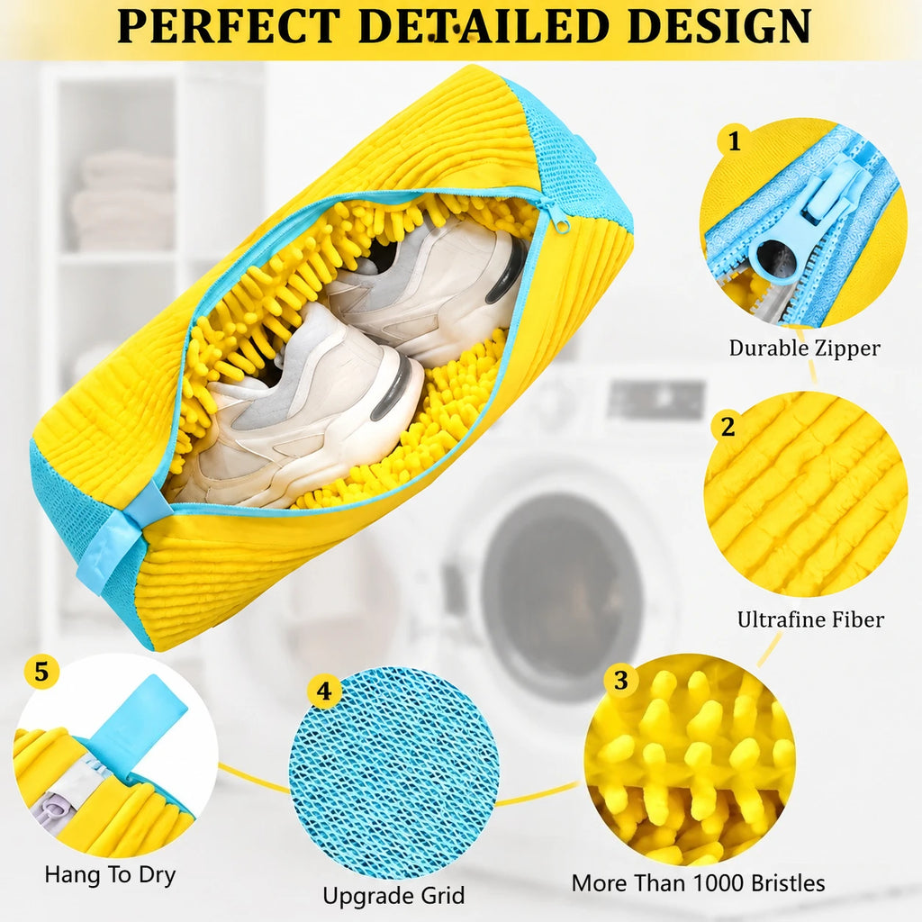 Yellow and blue microfiber shoe bag shown open with sneakers inside, on a blurred laundry background. The image includes callout circles labeled 1 through 5 highlighting a durable zipper, ultrafine fiber, bristle texture, hanging loop, and upgrade grid, with the headline 'PERFECT DETAILED DESIGN' at the top.