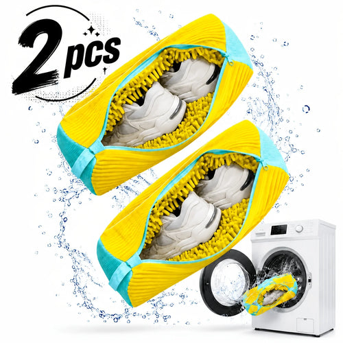 Two yellow and teal shoe cleaning mops shown with white sneakers inside, plus a washing machine graphic and a '2 pcs' badge on a white background with water splash effects.