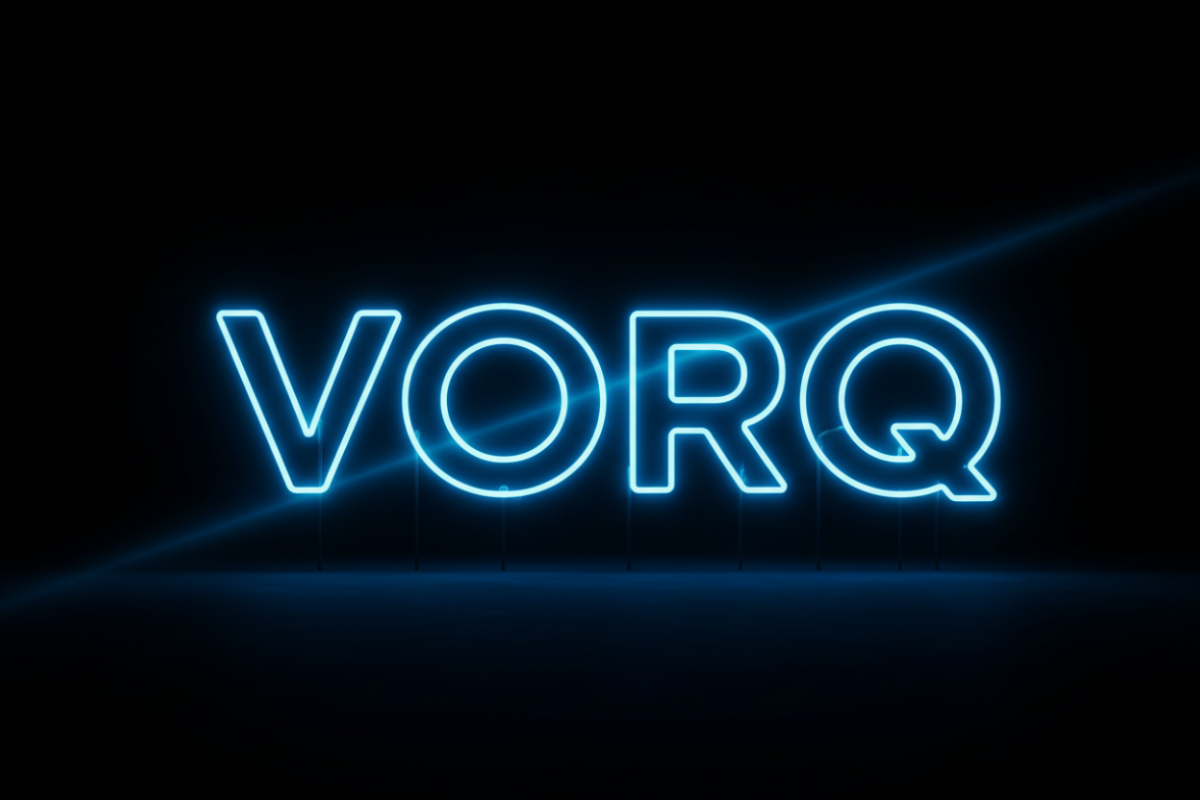 A glowing neon sign spelling out the word 'VORQ' in bright electric blue against a solid black background.